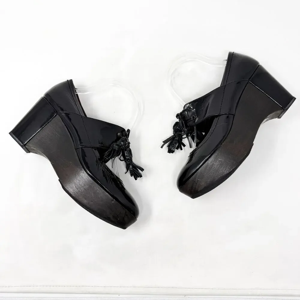 [Sonia Rykiel] Black Patent Leather Platform Wedges Tasseled Oxford Heels Sz 7.5